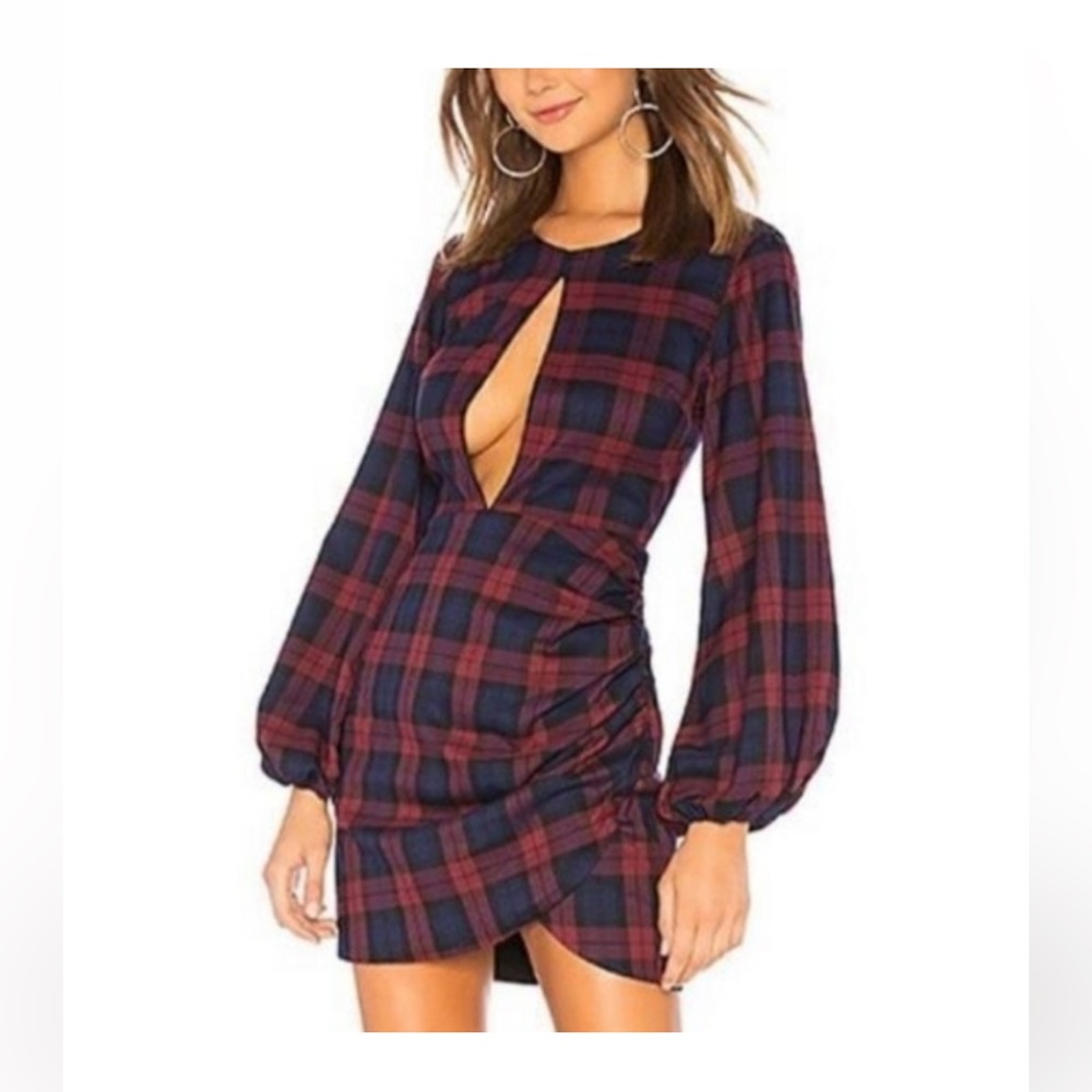 Lovers + Friends‎ Liliana Plaid Long Sleeve Mini Dress Burgundy Blue Size small